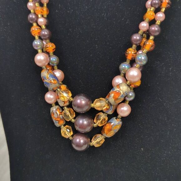 Vintage Multi Strand Glass Beaded Tiered Necklace 10” Long Drop Grannycore - Picture 3 of 7
